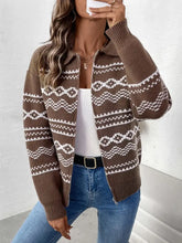 Perfee Geometric Zip Up Collared Neck Long Sleeve Cardigan Casual Dresses