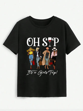 Graphic Round Neck Short Sleeve T-Shirt Black