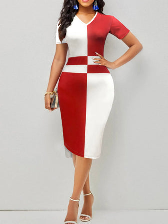 Color Block V-Neck Bodycon Midi Dress Red