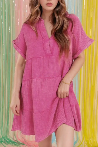 Mineral Wash Crinkle Split Neck Raw Hem Tiered Dress Hot Pink Casual Dresses