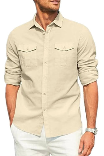 Men's Plus Size Button Down Collared Neck Long Sleeve Shirt Beige