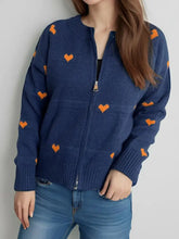 Heart Round Neck Zip Up Cardigan Woman Outerwear