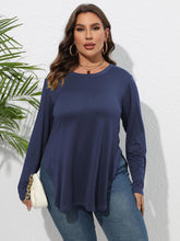 Plus Size Round Neck Long Sleeve Slit T-Shirt Peacock Blue