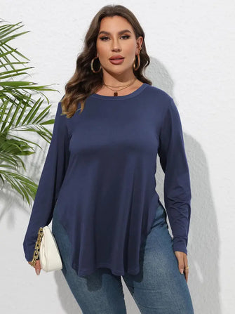 Plus Size Round Neck Long Sleeve Slit T-Shirt Peacock Blue Woman T Shirts