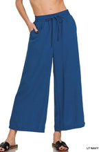 Zenana Woven Crepe Elastic Band Waist Cropped Pants LT NAVY