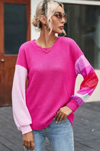 Color Block Waffle-Knit Blouse Hot Pink Woman Blouses