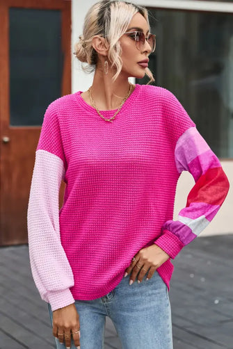 Color Block Waffle-Knit Blouse Hot Pink Woman Blouses