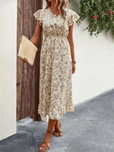 Ruffled Floral V-Neck Cap Sleeve Dress Casual Dresses