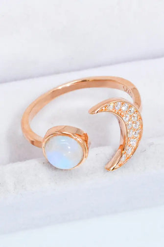 Natural Moonstone and Zircon Sun & Moon Open Ring Rose Gold One Size Rings
