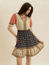 Printed V-Neck Short Sleeve Dress Tan Casual Dresses