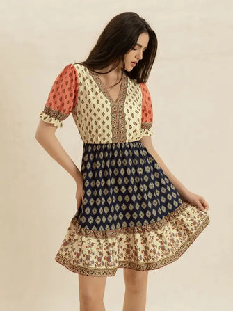Printed V-Neck Short Sleeve Dress Tan Casual Dresses