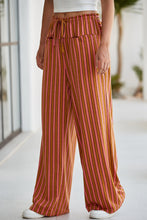 Coral and mustard yellow wide leg casual pants with stripe button pocket tie and elastic waistband with drawstring