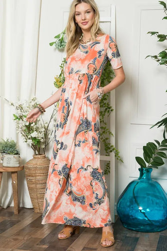 Celeste Paisley Print Short Sleeve Maxi Dress with Pockets ORANGE PAISLEY