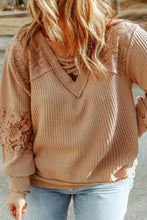 Plus Size Waffle -Knit V-Neck Long Sleeve Blouse Khaki Woman Blouses