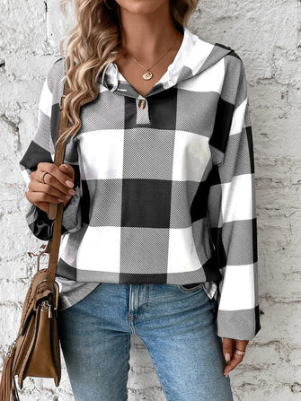 Plaid Dropped Shoulder Long Sleeve Hoodie Black
