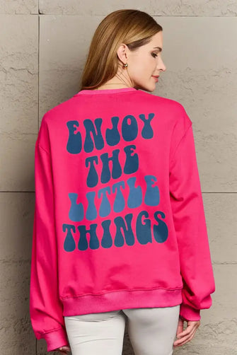 Simply Love Full Size ENJOY THE LITTLE THINGS Round Neck Sweatshirt Hot Pink Woman Sweatshirts