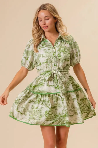 BiBi Woven Printed Tiered Dress AVOCADO Casual Dresses