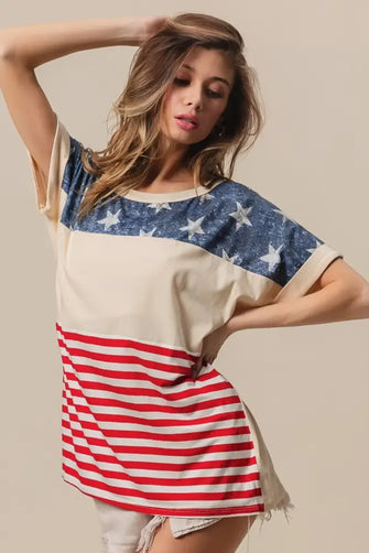BiBi American Flag Theme Short Sleeve T-Shirt Stripe Woman T Shirts
