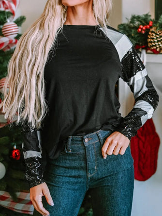 Plaid Sequin Long Sleeve Round Neck T-Shirt Black