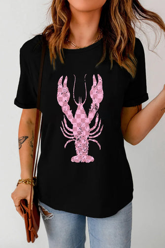 Checkered Lobster Graphic Round Neck Short Sleeve T-Shirt Black