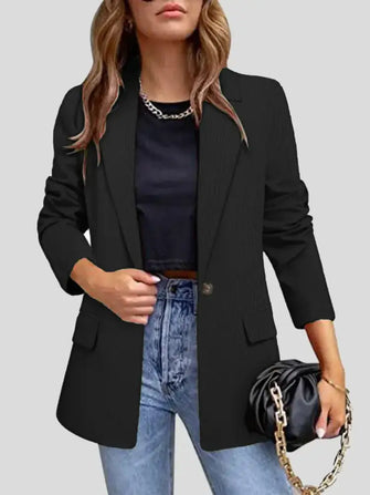 Lapel Collar Long Sleeve Blazer Black Woman Outerwear