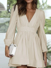 Ruched V-Neck Balloon Sleeve Mini Dress Beige