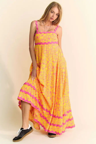 Davi & Dani Geo 2 Tone Printed Wavi Trim Tiered Maxi Dress PINK Casual Dresses