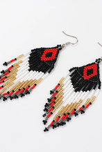Beaded dangle earrings with black, red, white, and gold beaded fringe