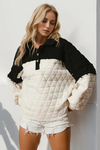 Double Take Quarter Button Contrast Long Sleeve Quilted Sweatshirt Black Woman Sweatshirts
