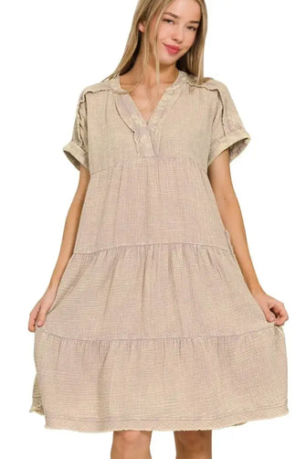 Zenana Washed Double Gauze Raw Edge Notched Dress ASH MOCHA Casual Dresses