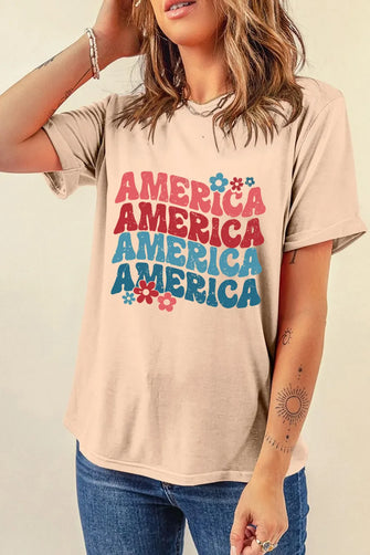 Beige America Text Basic Womens T Shirt Tan
