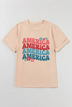 Beige America text basic women’s t shirt with peach graphic and floral accents
