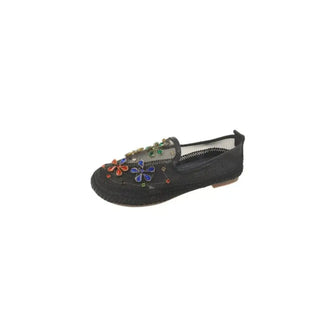 Beige and Black Floral Embellished Mesh Slip-On Loafers for Women Black Woman Loafers