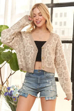Beige and brown animal print crop sweater cardigan with gold buttons
