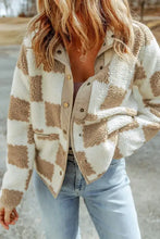 Beige and white checkered snap long sleeve jacket with button closure