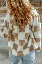 Beige and brown checkered snap long sleeve teddy bear jacket