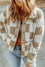 Beige and brown checkered snap long sleeve jacket with button closure
