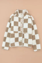 Beige and white checkered long sleeve snap jacket with buttons