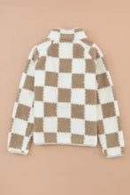 Beige and brown checkered long sleeve teddy bear jacket with high neck