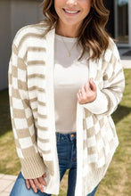 Beige and white checkered knit cardigan with ribbed cuffs and hem