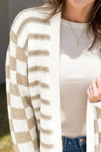Beige and white striped open-front knit cardigan sweater