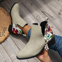 Beige Ankle Boots with Green Floral Embroidery for Women