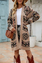 Tan Aztec Patterned Cardigan with Moderate Sleeve Length for Women Khaki