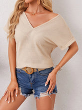 Beige Boho Crochet Waffle Knit V Neck Top for Women khaki