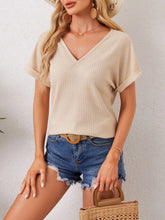 Beige Boho Crochet Waffle Knit V Neck Top for Women