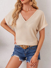 Beige Boho Crochet Waffle Knit V Neck Top for Women
