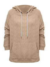 Beige cable knit full size drawstring long sleeve hoodie with kangaroo pocket