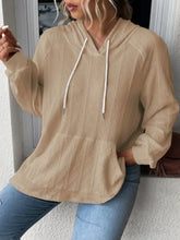 Full size drawstring long sleeve hoodie in light brown knit with kangaroo pocket