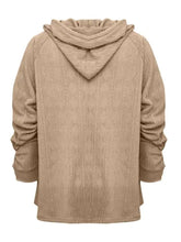 Beige cable knit long sleeve hoodie with drawstring hood and kangaroo pocket