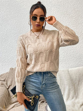 Beige Cable Knit Sweater with Round Neck and Regular Sleeve Length Cream